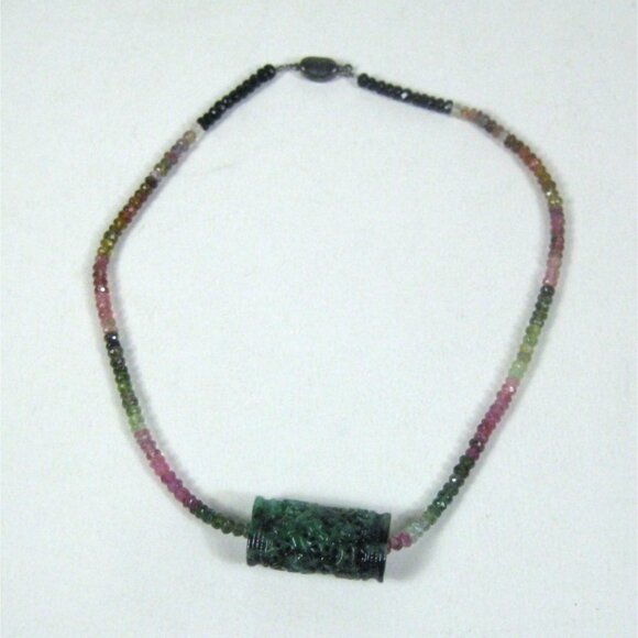 Tourmaline Faceted Bead Necklace Carved Jade Pendant Sterling Silver Clasp 18 In - Picture 1 of 13